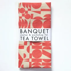 Clearance All-Linen Tea Towel Screen Printed With Tomato-Soup Red Geometrics Tea Towels