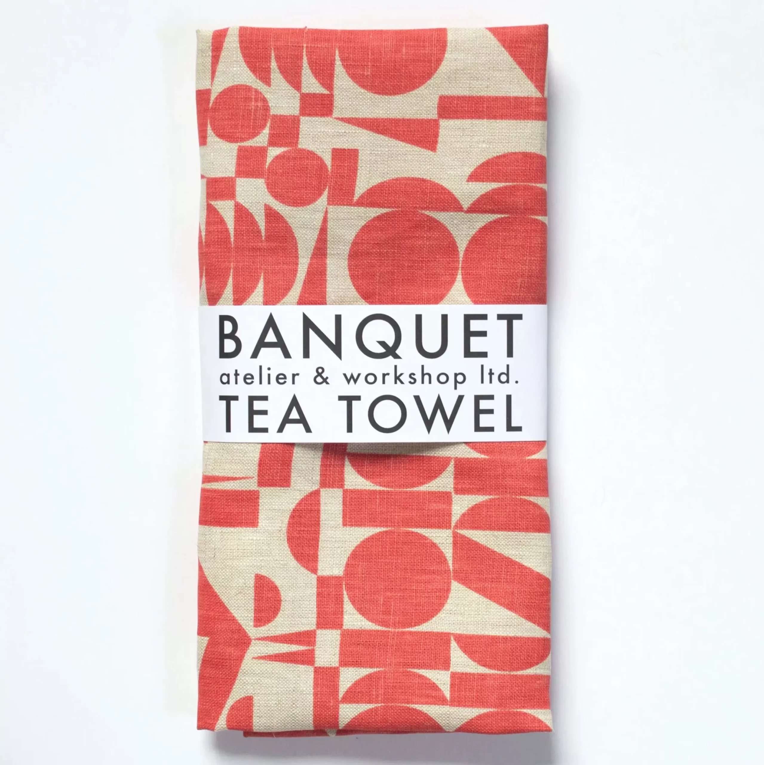 Clearance All-Linen Tea Towel Screen Printed With Tomato-Soup Red Geometrics Tea Towels