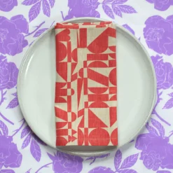 Clearance All-Linen Tea Towel Screen Printed With Tomato-Soup Red Geometrics Tea Towels