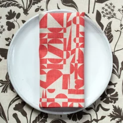 Clearance All-Linen Tea Towel Screen Printed With Tomato-Soup Red Geometrics Tea Towels