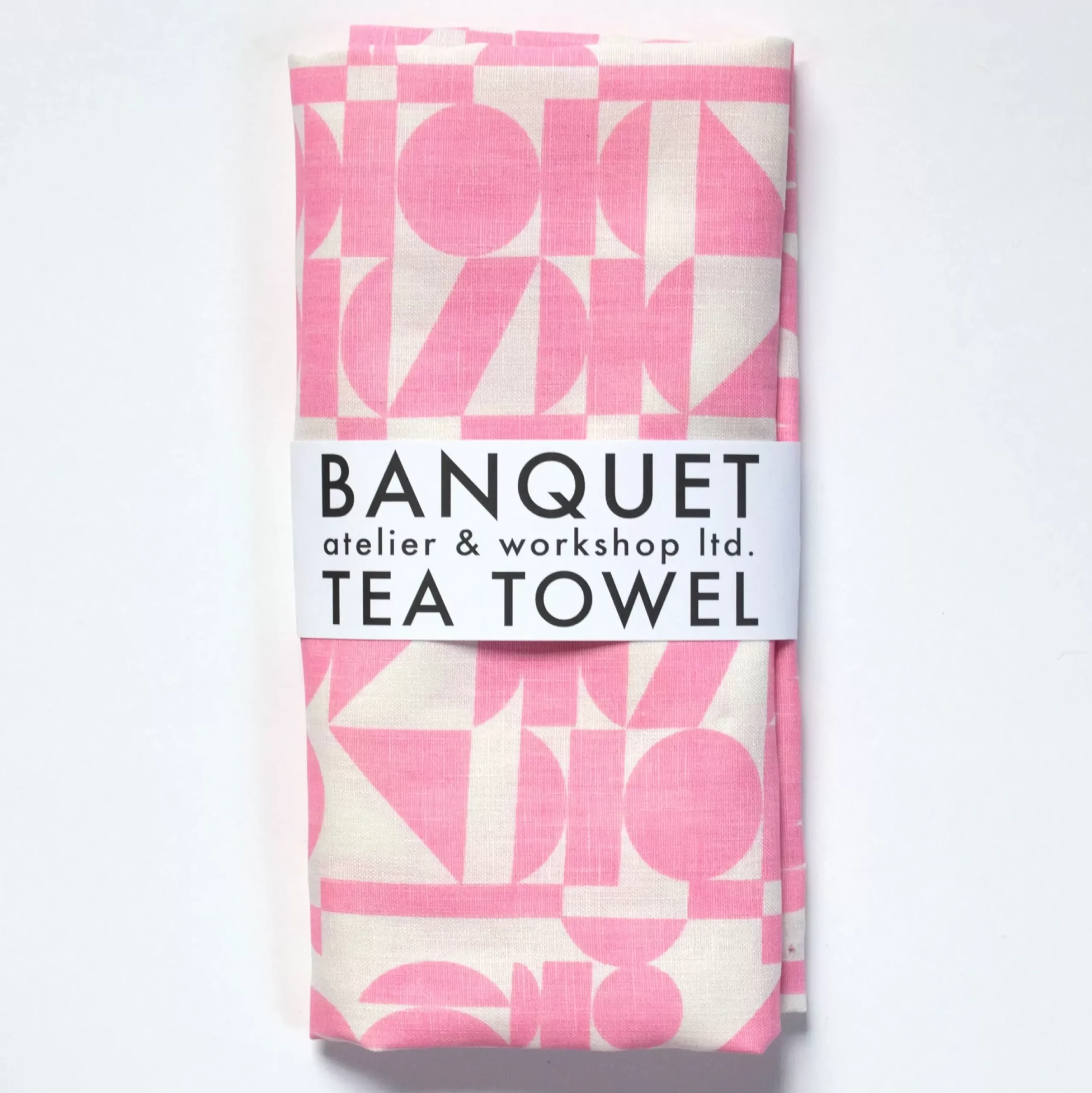 Online Linen Tea Towel - Screen Printed Geometrics - Bubblegum Pink On White Tea Towels