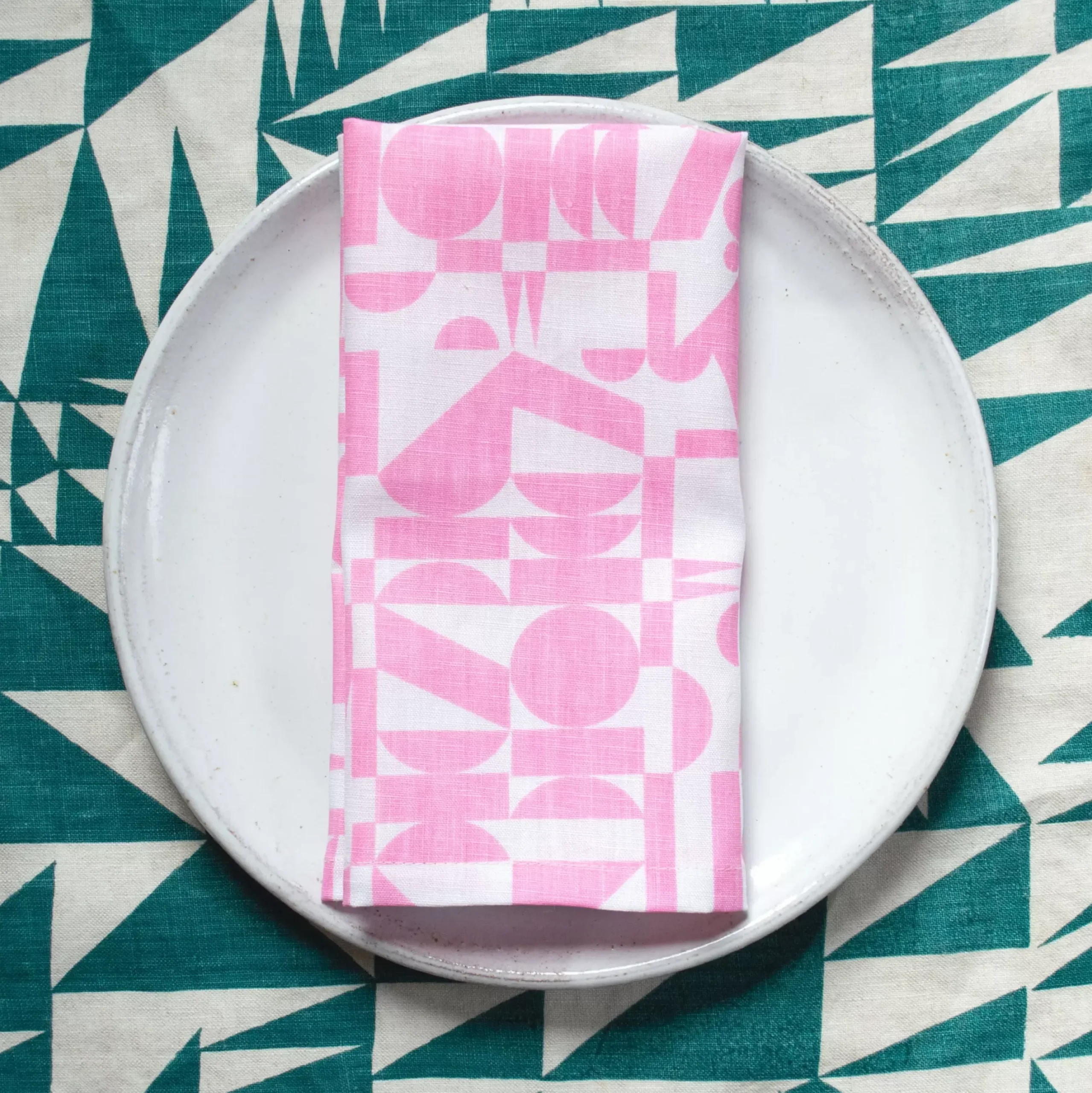 Online Linen Tea Towel - Screen Printed Geometrics - Bubblegum Pink On White Tea Towels