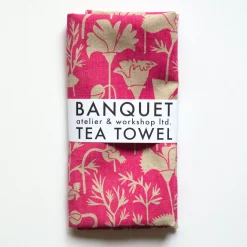 Discount Raspberry Pink Poppies Linen Tea Towel Tea Towels